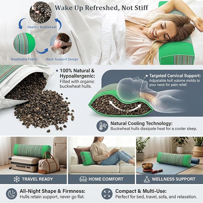 Adjustable Buckwheat Hull Pillow for Neck Pain Relief (21x8x4) Natural Cooling Cervical Support Camping Pillow for Side & Back Sleepers with Night Sweats (Green)