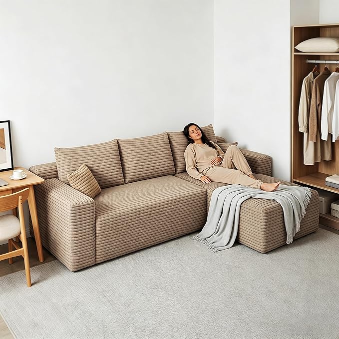 94" Camel Boneless Couch with Right Facing Chaise for Living Room, Corduroy L-Shaped Sectional Couches,Compressed Memory Foam Cloud Sofa,No Assembly Required,Camel