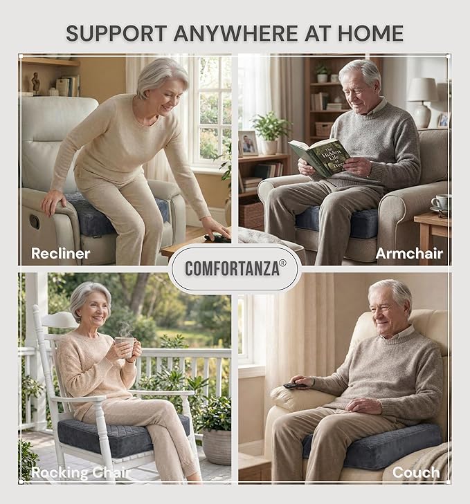 Soft 20x20x5 Memory Foam Recliner Chair Seat Cushion for Long Sitting - Armchair Pad with Washable Velvety Cover & Non-Slip Base for Seniors & Elderly - Gray