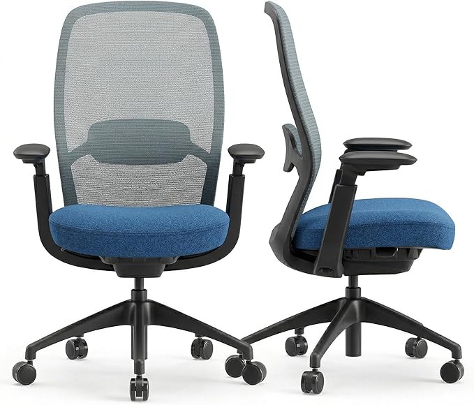 COLAMY Office Chair Set of 2, Easy Wire-Control Desk Chair with Sliding Seat Depth & Thick Padded Lumbar Support, Heavy Duty 300 LBS High Back Mesh Computer Chair for Home Workstation,Blue