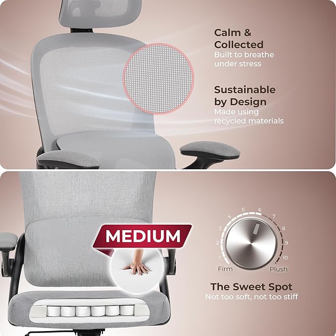 AeroCore M320 Ergonomic Office Chair, High Back Breathable Mesh Computer Chair with Lumbar Support, Adjustable Headrest & Tilt, Flip-Up Arms, 360° Swivel Home Office Desk Chair, Gray