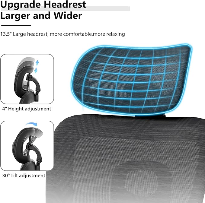 OS MOTOR Ergonomic Mesh Office Chair, Adjustable Headrest, 3D Armrests, Lumbar Support, Tilt Lock Function, Breathable High-Back Desk Chair Computer Chair for Home Office Work, Study, Gaming, Black