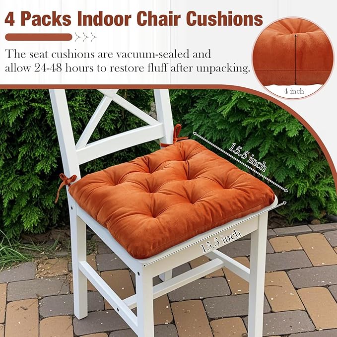 Nuanchu Memory Foam Chair Cushions Set of 4, Thick Indoor Seat Cushions for Dining Chairs Tufted Seat Pads for Kitchen, Dining Room, Office, (Orange,15.5"x15.5"x4")