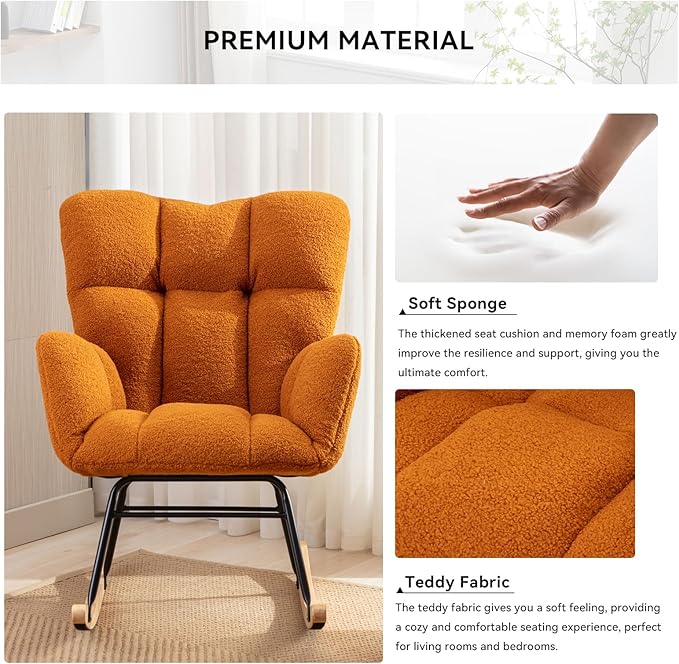 FOXHUNTER Rocking Chair Nursery Teddy Upholstered Glider Rocker High Backrest Nursery Rocker Comfortable Stylish Accent Armchair for Living Rooms Bedrooms Offices (Teddy Caramel)