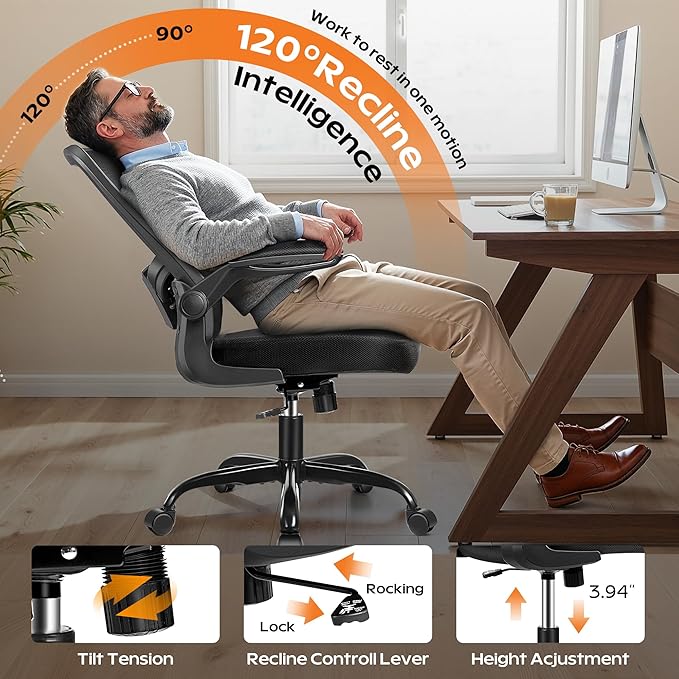 Ergonomic Office Chair 2026 - Mesh Desk Chair with Flip-up Armrests, Adjustable Height and Lumbar, 360° Swivel Comfortable Computer Chairs for Home, Conference Room, Reception, 350lbs, 4 Pack