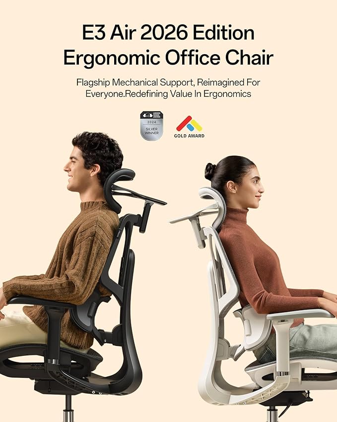Hbada E3 Air 2026 Ergonomic Office Chair, 3-Zone Lumbar Support, Comfy Home Office Chair with Auto Recline, 4D Headrest & Armrests, 140° Tilt for Work & Relax, Black