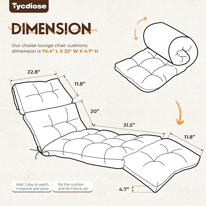 Waterproof Outdoor Chaise Lounge Cushion 74.4 x 22 x 4.7 Inches Memory Foam Lounge Chair Cushions for Outdoor Furniture with Ties, Thickened Pool Chaise Lounge Chair Cushions, Orange