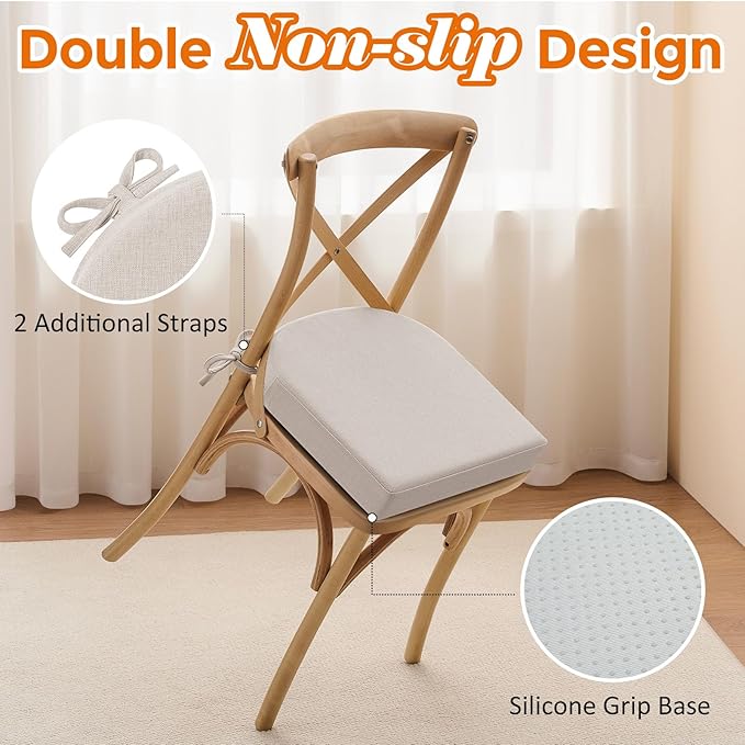 downluxe Chair Cushions for Dining Chairs, Memory Foam Linen Kitchen Chair Pads with Ties, Waterproof, Stain-Resistant and Washable Cover, 17" x 16" x 2.5", Beige, 6 Pack