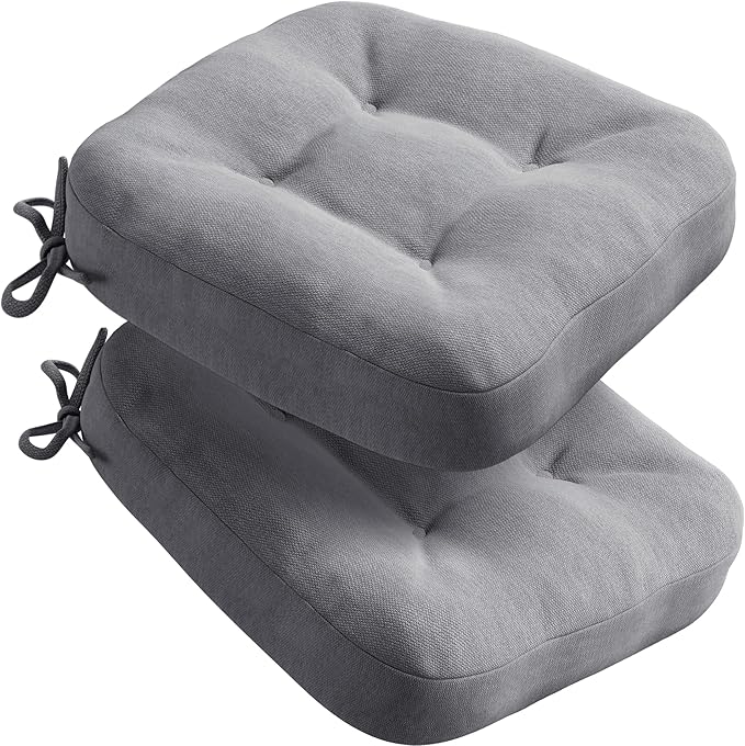 Codi Dining Chair Cushions 2 Pack, Thick Chairs Pads for Indoor Kitchen Room - Washable, Non-Slip Memory Foam Seat Cushion with Ties, 16.5"x16.5"x 3.5", Set of 2, Grey New