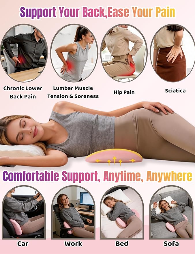 Lumbar Support Pillow for Sleeping Memory Foam Lumbar Pillow for Lower Back Pain Relief, Ergonomic Waist Pillow for Side/Back/Stomach Sleepers with Washable Cover（Pink）