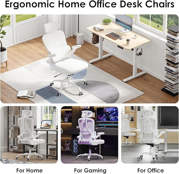 Breathable All-Mesh Ergonomic Chair with Headrest - High Back Desk Chair for Cool, Sweat-Free Work Sessions, Silent Casters Perfect for Bedroom Office (Beige)