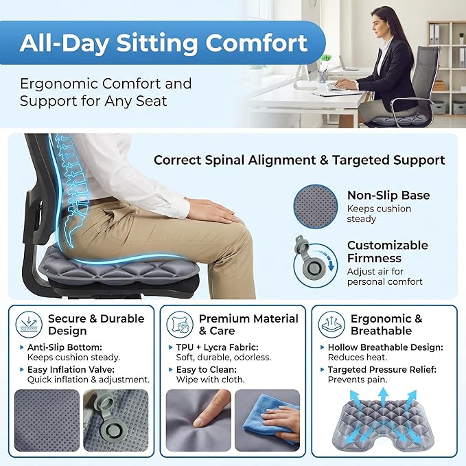 Inflatable Seat Cushion, U-Shaped Coccyx Cushion for Office Chair, Car & Wheelchair, Ergonomic Pressure Relief for Tailbone & Sciatica, Adjustable Firmness, Non-Slip Seat Pad for Long Sitting