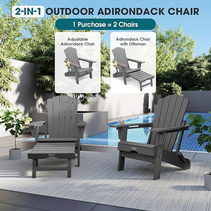 THOEOE Adjustable Adirondack Chair with Retractable Ottoman, HDEP Folding Adirondack Chairs with Footrest 2-in-1 Cup Holder, All Weather Outoor Fire Pit Chair with Foot Rest Set 1 Grey