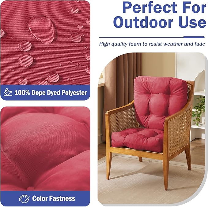 IPYNBAP Outdoor Chair Cushions Set of 2, Patio Chair Cushions with Ties, 17x17+4” Tufted Outdoor Seat Cushions, Waterproof Patio Furniture Cushions, Outdoor Dining Chair Pads, Burgundy