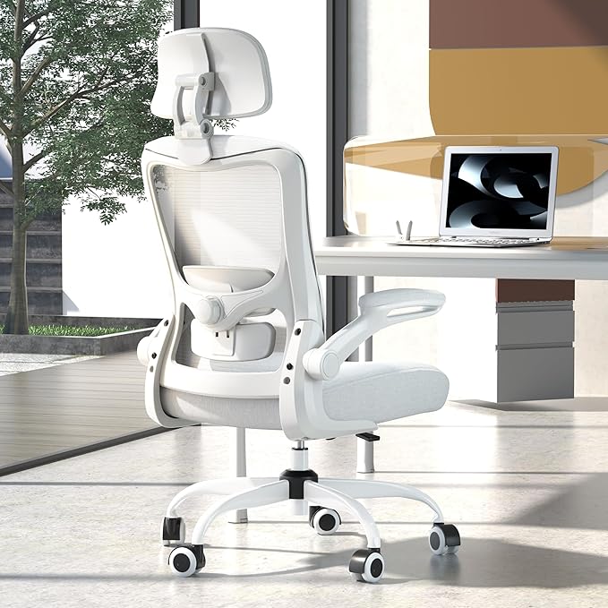 Office Chair, Ergonomic Mesh Desk Chair with Adjustable Lumbar Support and Headrest, Flip-up Armrests, High Back Computer Task Chair for Home and Executive Office (W-All White)