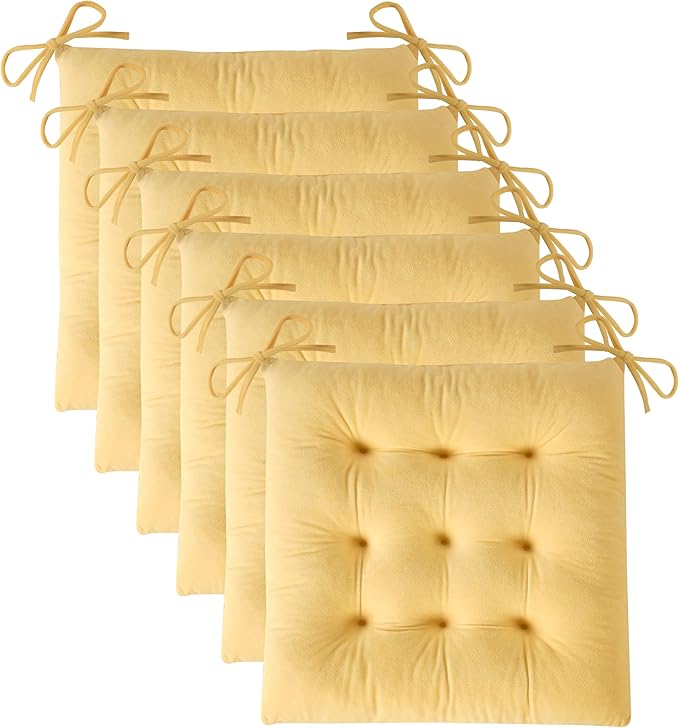 OVOV 6 Pack Chair Cushions for Dining Chairs Soft Seat Cushions for Kitchen Desk Chairs Square Chair Pads with Ties (15.5"x15.5" Pastel Yellow)