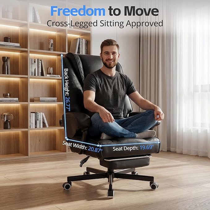Ergonomic Gaming Office Chair for Adults, Big and Tall Heavy Duty Computer Desk Chair, High Back Video Game Chair with Footrest, Comfortable Leather Home Wide Gamer Chair with Lumbar Support (Black)