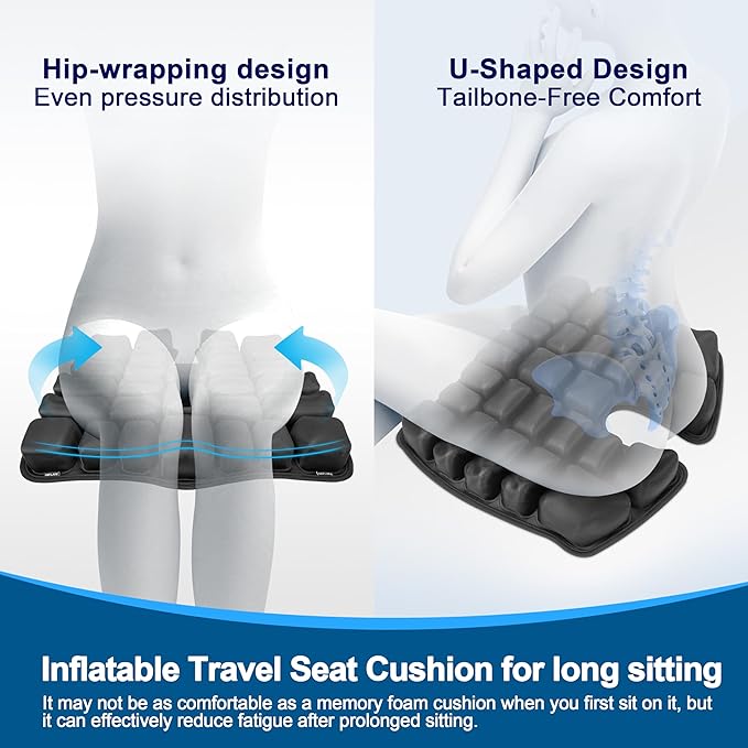 Travel seat Cushion with Built-in Pump,Airplane Seat Cushion-Inflatable Travel Cushion for Long Flights,Portable Inflatable Pad,Coccyx Tailbone Pain Relief Chair Pad (H-Shape)