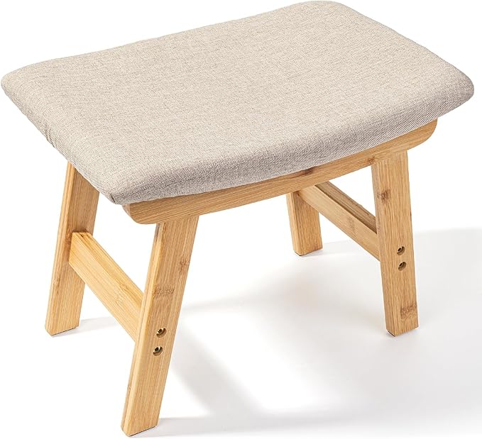 BAMBOO LAND- Bamboo Foot Stools Ottoman, Beige Cushion & Natural Wood Legs, Small Ottoman Foot Rest for Couch