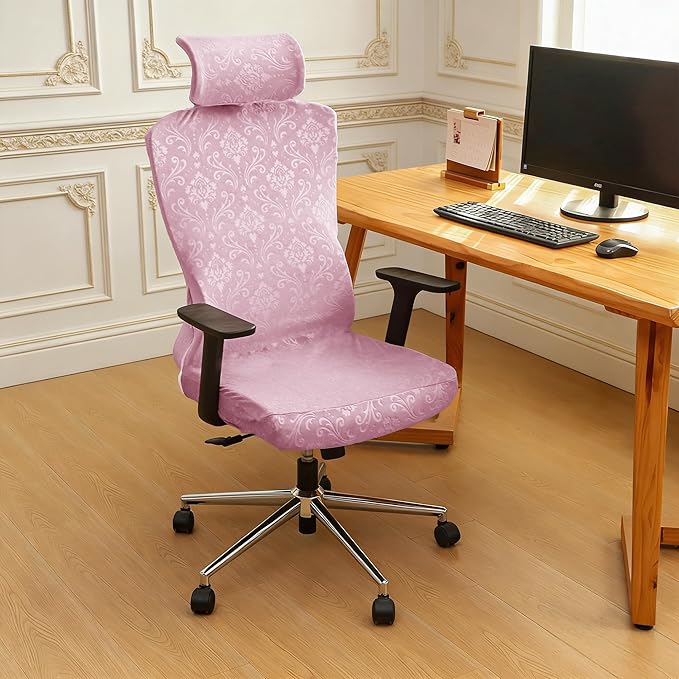 Pink Ergonomic Office Chair Cover with Headrest Cover Velvet Embossing Stretch Office Chair Cover with Headrest Set Washable-Velvet Embossing Pink