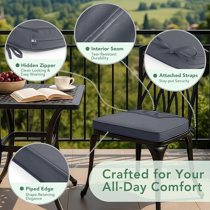Outdoor Chair Cushions Set of 2: Waterproof & Fade Resistant Patio Furniture Cushions - 17 x 16 x 2 Inch Non Slip Round Corner Seat Cushion Pads with Removable Cover for Garden Yard Lawn, Dark Grey