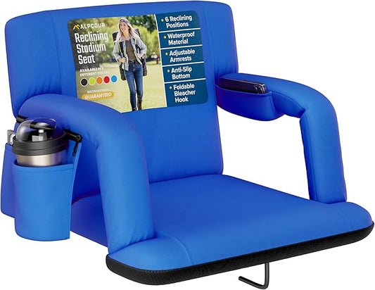 Alpcour Reclining Stadium Seat – Wide Bleacher Chair with Back Support and Cushion, Armrests, Side Pockets, and Bleachers Hook – Best Stadium Seats Chairs for Camping, Kayak, & Paddle Board Backs