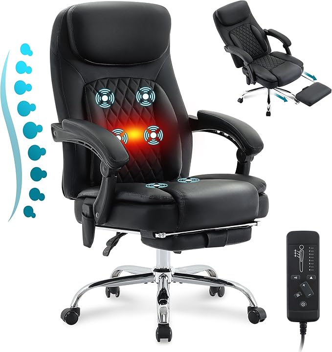 6-Point Massage Office Chair with Heated, Ergonomic Office Chair with Footrest & 45°Reclining High Back, Big and Tall Executive Office Chair 500LBS, Thick Cushion Desk Chair for Home Office, Black(PU)