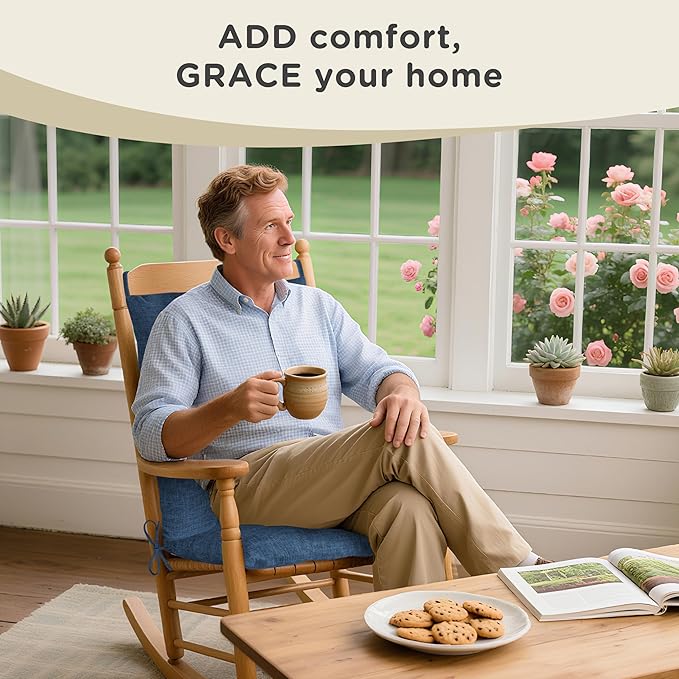 AddGrace Rocking Chair Cushions Indoor Tufted Cushions for Rocking Chairs with Ties Comfortable Textured Fabric Set of Seat & Back Cushion 21x17/17x17 Navy