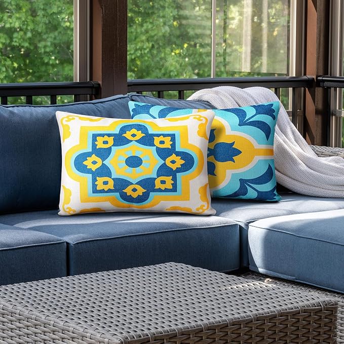 Juexica 2 Pack Chaise Lounge Pillow with Strap Outdoor Waterproof Beach Chair Neck Headrest Pillow Adjustable Elastic Band for Hammock Lumbar Recliner Pillows for Patio Pool Chair(Boho Blue Flower)