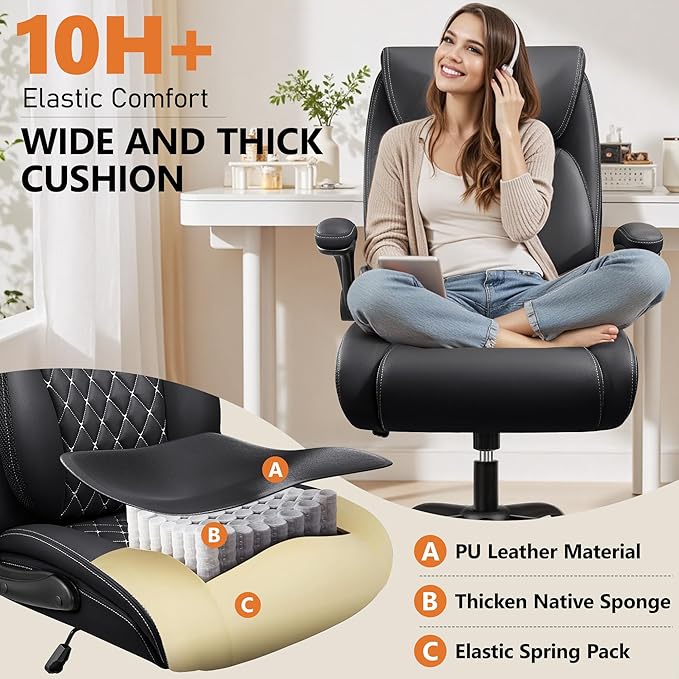 BESTFAIR Office Chair, Ergonomic Computer Desk Chairs with Lumbar Support for Lower Back Pain Relief, Executive Leather Home Chair Comfy with Padded Flip-up Armrests, Black, 2-Pack