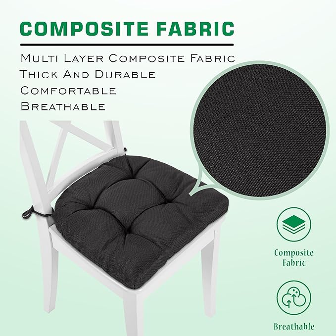 SQUARE MOON Chair Cushions for Dining Chairs, 3 Inch Thick Comfortable Kitchen Chair Pads, Dining Room Seat Cushions with Ties, Machine Washable, 17" x 16" x 3", 4/Pack, Black