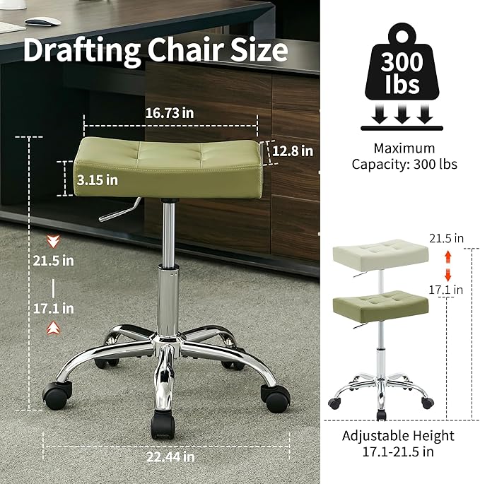 FIRAVOE Adjustable Work Stool with Wheels (300lbs Capacity) (Saddle Shaped Seat) Faux Leather Workbench Stool (Green)