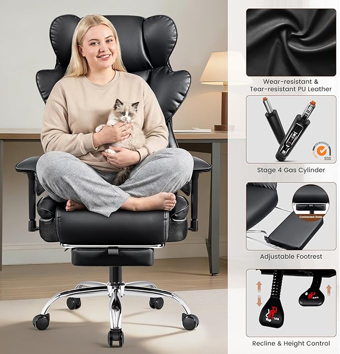 BESTFAIR Big and Tall Office Chair - Heavy Duty 400 LBS Executive Chair with Lumbar Support & Foot Rest, Plus Size Ergonomic Desk Chair, Padded Wide Seat, Adjustable Armrests, Flat Black
