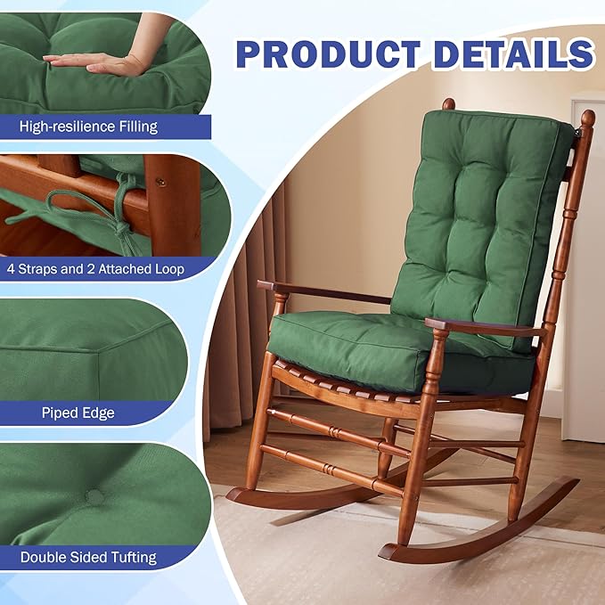 IPYNBAP Rocking Chair Cushion, Waterproof and Fade-Resistant Patio Chair Cushions, Tufted Chair Pads for Rocker Furniture, 17x17 Inch, Indoor/Outdoor Seat Cushions with Ties, Dark Green (Pack of 2)