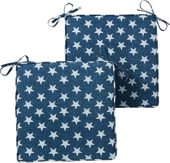 Outdoor 18 inch Square Patio Dining Chair Pads – Comfortable Fiber-Filled Seat Cushions with Ties, Reversible Polyester Fabric - Stars, Set of 2