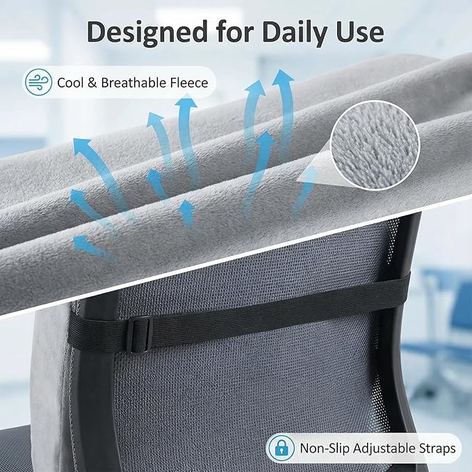 Poshetion Lumbar Support Pillow for Office Chair & Car – Memory Foam Back Cushion with Adjustable Straps & Breathable Mesh Cover（Light Grey）