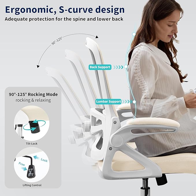 Ergonomic Office Chair, Desk Chair with Adjustable Lumbar Support, Breathable Mesh Comfy Computer Chairs with Flip-up Armrests Executive Task Chair for Adults Home Office (Buff Beige)