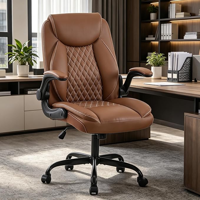 YFO Leather Office Ergonomic Home Office Desk Chair, Back Support Swivel Executive Office Chair with Wheels and Flip-Up Armrests, Small Gaming Chair with Adjustable Rocking Function, Brown