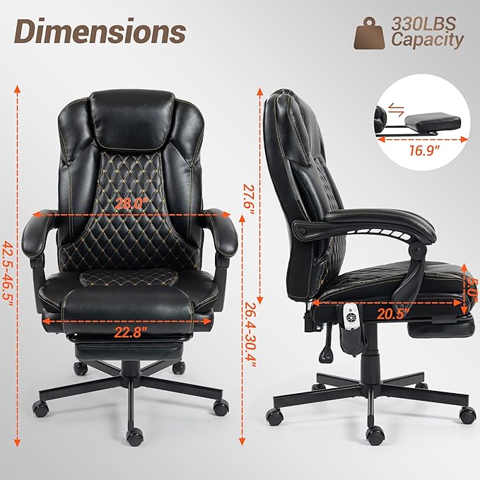 Massage Office Chair with Footrest, 6 Points Vibration Heating Executive Chair, Ergonomic Home Office Desk Chair with Linkage Armrest, Reclining Backrest, Lumbar Support, PU Leather, Black