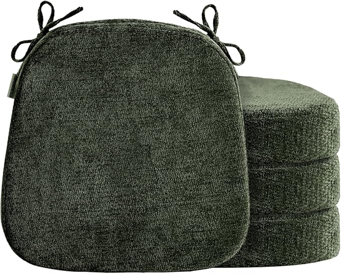 D-Shaped Chair Cushions for Dining Chairs, 2.5” Thick Chair Pads with Washable Comfortable Textured Cover, Non Slip Kitchen Chair Cushions with Ties, 16.5" x 16.5", 4 Pack, Green