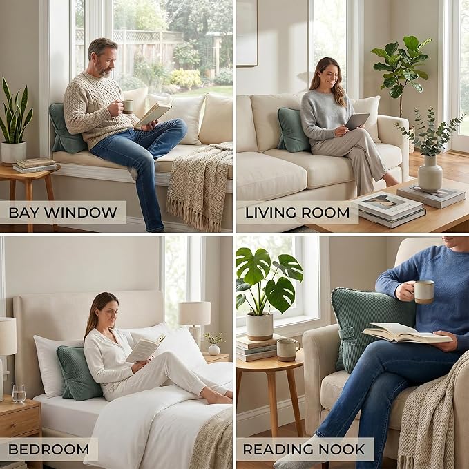 Pat. Pend. Corduroy Lumbar Support Back Pillow for Sitting and Posture Support, Triangle Cushion for Bed or Sofa Sitting, Backrest Support Pillow, Peacock Blue
