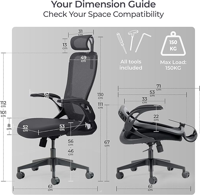 Tervo Model U | Folding Office Chair for Small Spaces | Gaming Chair for Adults & Kids | Ergonomic Mesh Computer Chair for Bedroom | Foldable Desk Chair for Home Work (Midnight Black Headrest)
