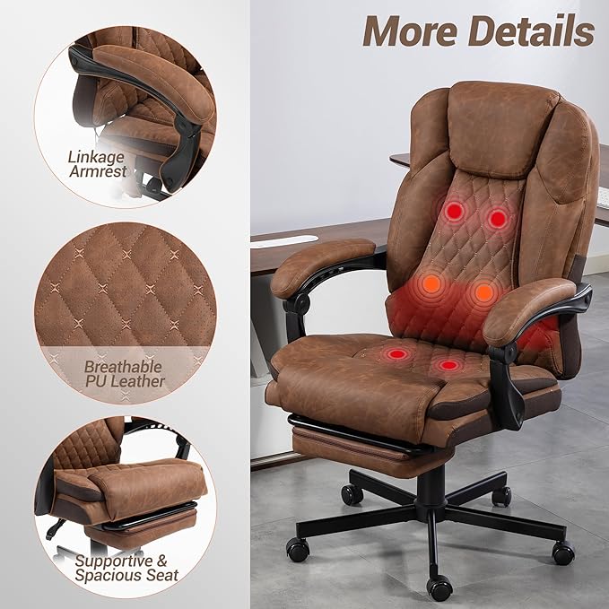 Massage Office Chair with Foot Rest, 6 Points Vibration Heating Executive Chairs Ergonomic Home Office Desk Chair with Reclining Backrest, Adjustable Arms and Lumbar Support, PU Leather, Brown