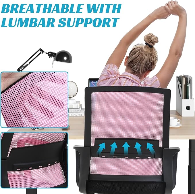 Ergonomic Office Chair, Breathable Mesh Desk Chair, Swivel Computer Chair with Wheels & Adjustable Height & Comfort Seat for Home Office, Gaming Room, Pink