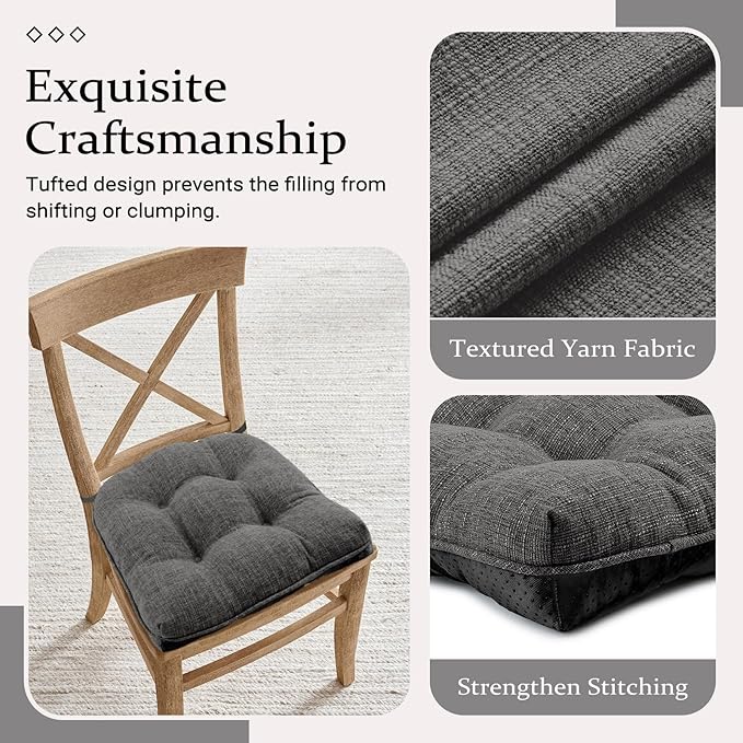 Wellsin Chair Cushions for Dining Chairs, Non-Slip Kitchen Chair Pads with Ties, Tufted Shredded Foam Kitchen Chair Cushions Set of 2, 15.5" X 15.5", Dark Grey
