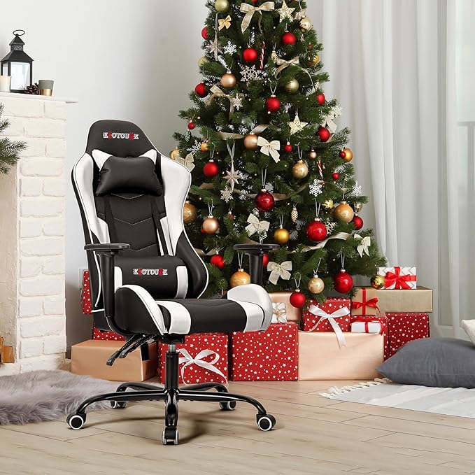 ECOTOUGE PC Gaming Chair Massage Ergonomic Office Desk Chair Racing PU Leather Recliner Swivel Rocker with Headrest and Lumbar Pillow, White