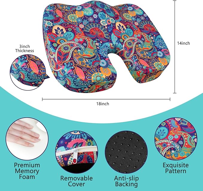 Pressure Relief Cushion, Memory Foam Seat Cushion for Tailbone Pain Relief Coccyx Cushion for Sciatica Pain Ergonomic Seat Cushion for Office Desk Chair, Flower6