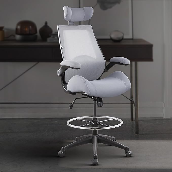BOLISS 400lbs High Back Computer Office Drafting Chair Flip up Armrests Lumbar Support Adjustable Big Footrest Ring (Grey)