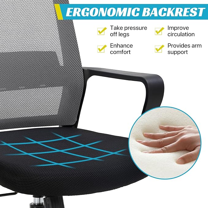 Ergonomic Office Chair, Breathable Mesh Desk Chair, Swivel Computer Chair with Wheels & Adjustable Height & Comfort Seat for Home Office, Gaming Room, Grey