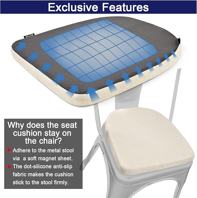 BUYUE Friendly Woven Fabric 14x14 Magnetic Cushion for Metal Chair 1 Piece, Enhanced Anti-Slip Seat Pad for Dining Kitchen Café Stackable Chair (U-Shape, Beige, 1 Count)